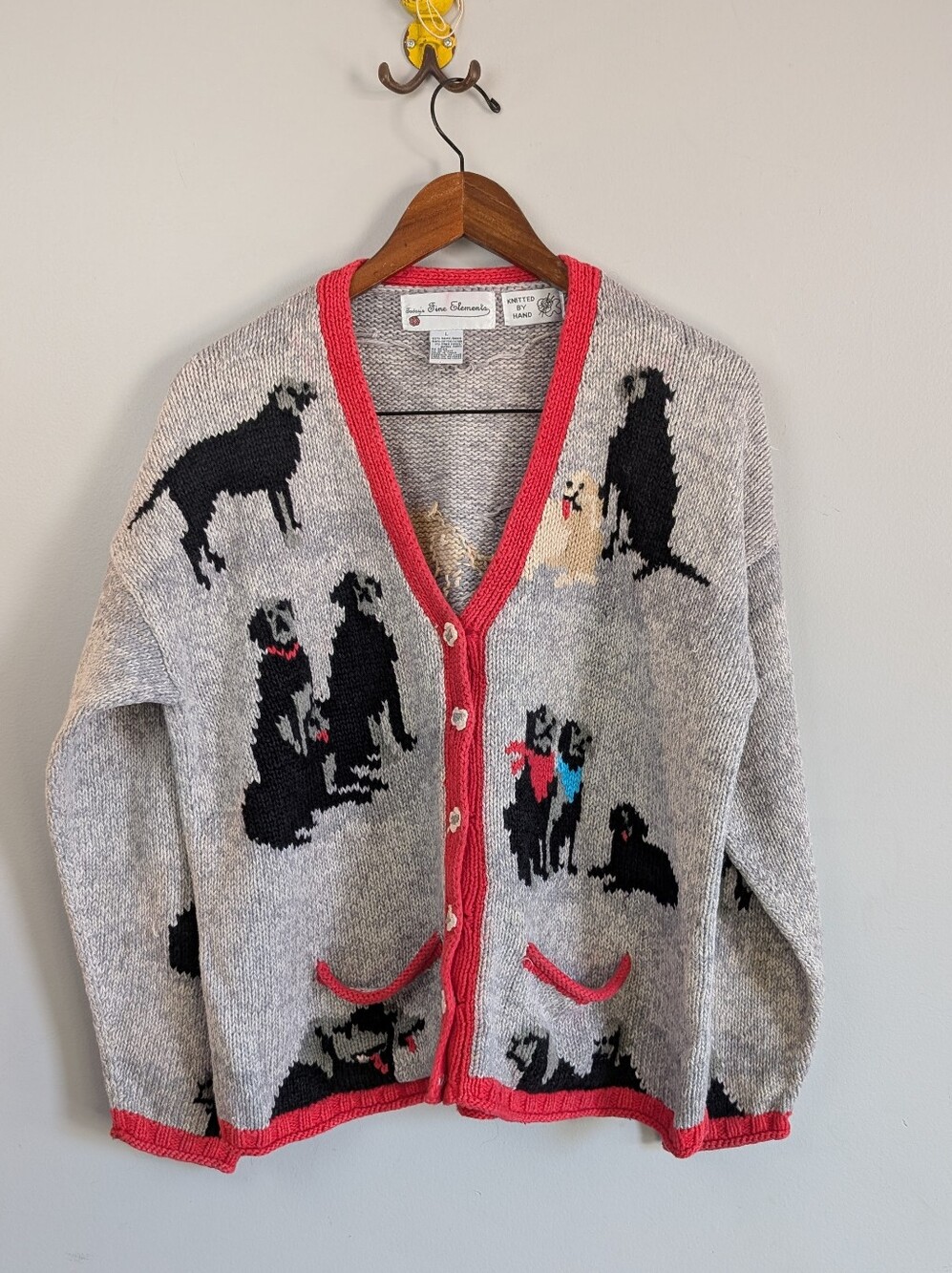 Vintage Handknit Intarsia Dog Cardigan, Button Front Ramie / Cotton, L (Flaws)